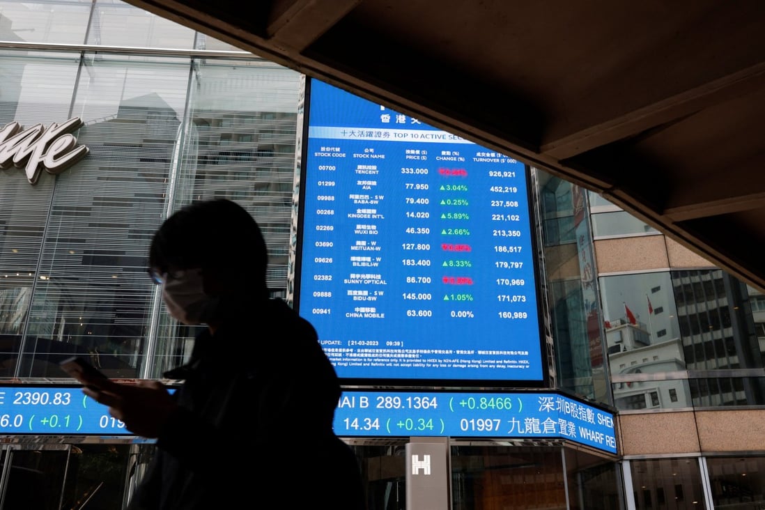 A woman walks past a screen displaying the Hang Seng Index outside the Exchange Square in Central, Hong Kong. Photo: Reuters
