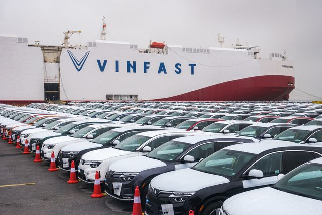 VinFast’s VF8 electric vehicles bound for shipment at a port in Haiphong, Vietnam.