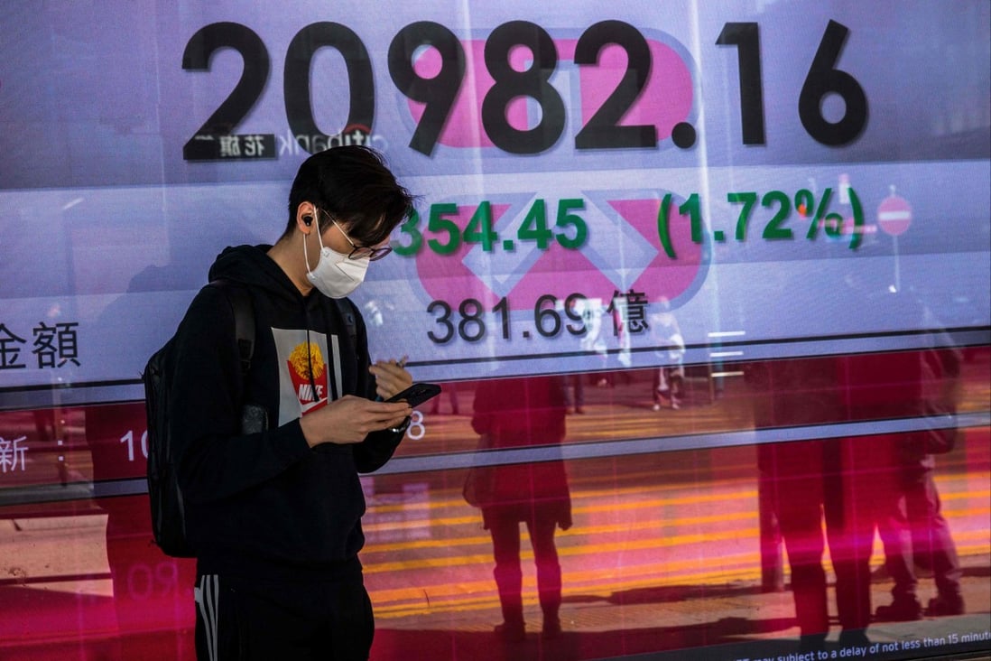 A man uses his phone in A man uses his phone in front of a screen displaying the Hang Seng Index in March 2022. Photo: AFPfront of a screen displaying the Hang Seng Index in March 2022. Photo: AFP