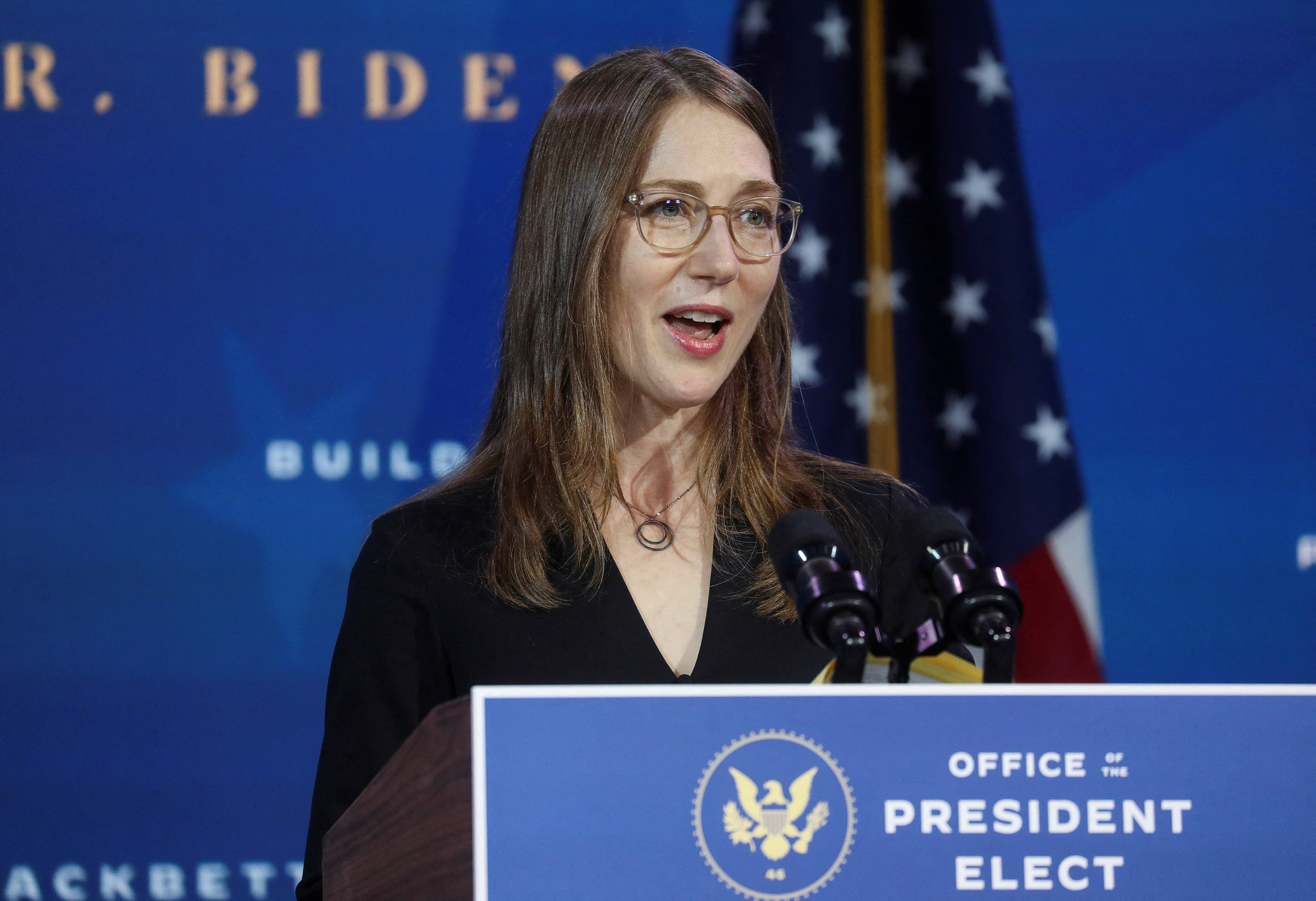 Heather Boushey, appointed to be a member of the Council of Economic Advisers, speaks as U.S. President-elect Joe Biden announces nominees and appointees to serve on his economic policy team at his transition headquarters in Wilmington, Delaware, U.S., December 1, 2020. REUTERS/Leah Millis/File Photo